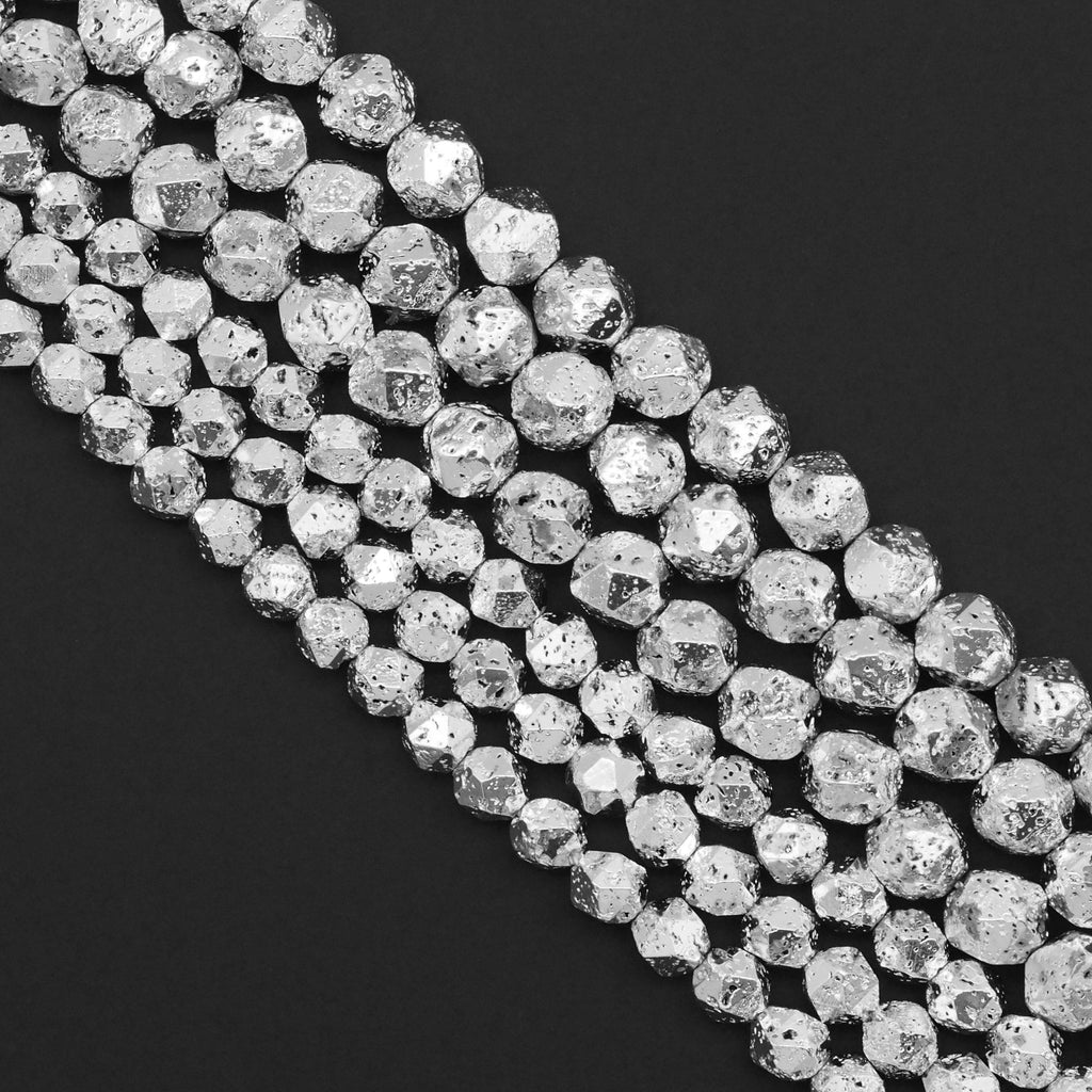 Diamond Cut Bright Silver Lava Beads, Sku#S156
