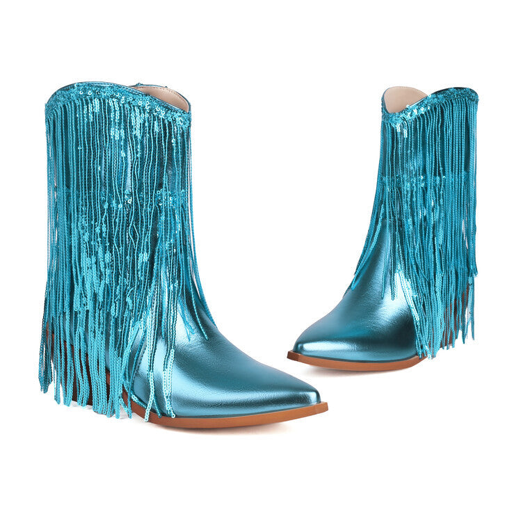 Women's Sequin Tassel Ankle Boots – Pointed Toe Chunky Heel Slip-On Party Boots