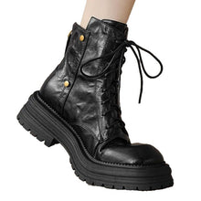 Load image into Gallery viewer, Women's Chunky Sole Lace-Up Ankle Boots - Warm Winter Faux Leather Boots with Tassel Detail