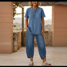Load image into Gallery viewer, Women's Lapel Button-Up Top &amp; Pants Two-Piece Set – Three-Quarter Sleeve