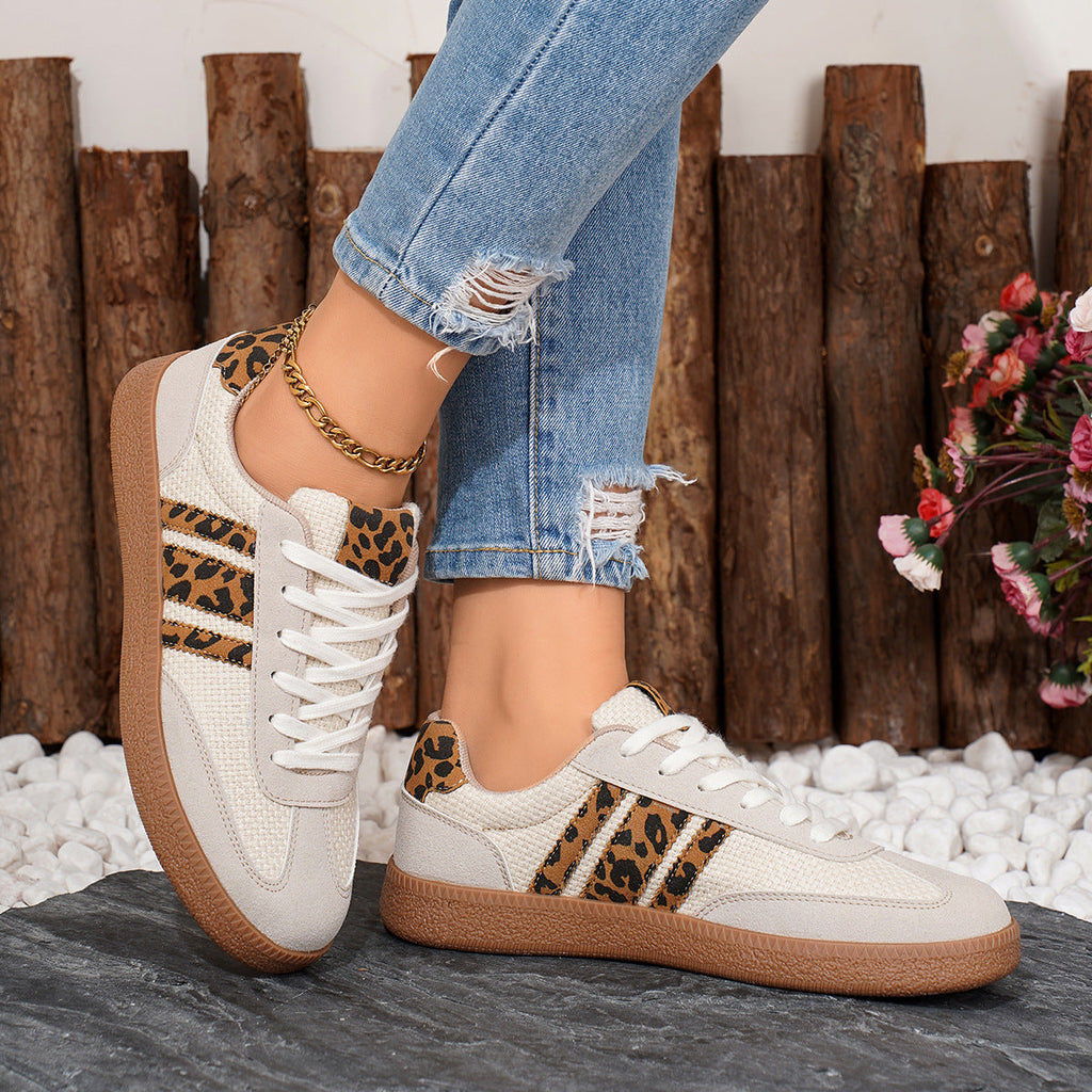 Retro Color-block Lace-up Flat Sneakers – Women's Round Toe PU Mesh Shoes