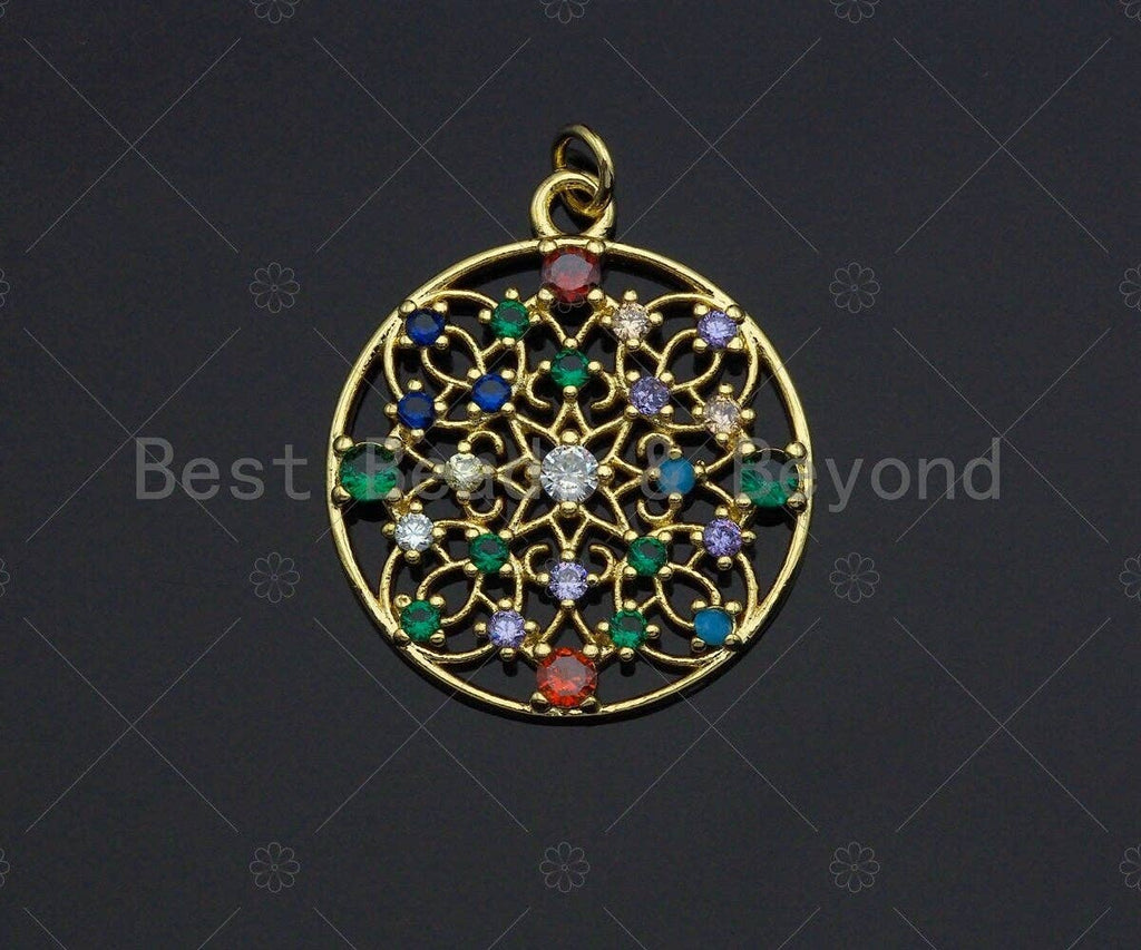 Gold Colorful Charms, Colorful Filigree Charms, Multi-Color Round Pendant, Gold Charm, Gold Pendant, Necklace Charms, 25x28mm, Sku#LK99