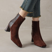 Load image into Gallery viewer, Women's Square Toe Chunky Heel Ankle Boots – Sheepskin Leather Patchwork