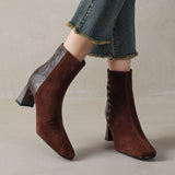 Women's Square Toe Chunky Heel Ankle Boots – Sheepskin Leather Patchwork