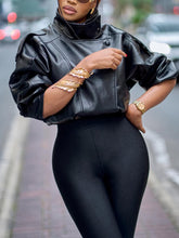 Load image into Gallery viewer, Black Lychee Grain Faux Leather Stand Collar Puff Sleeve Cropped Jacket
