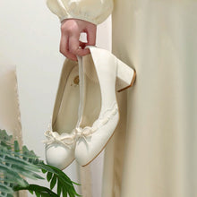 Load image into Gallery viewer, Women's Satin Bow Block Heel Pumps | Ivory Jacquard Slip-On Heels