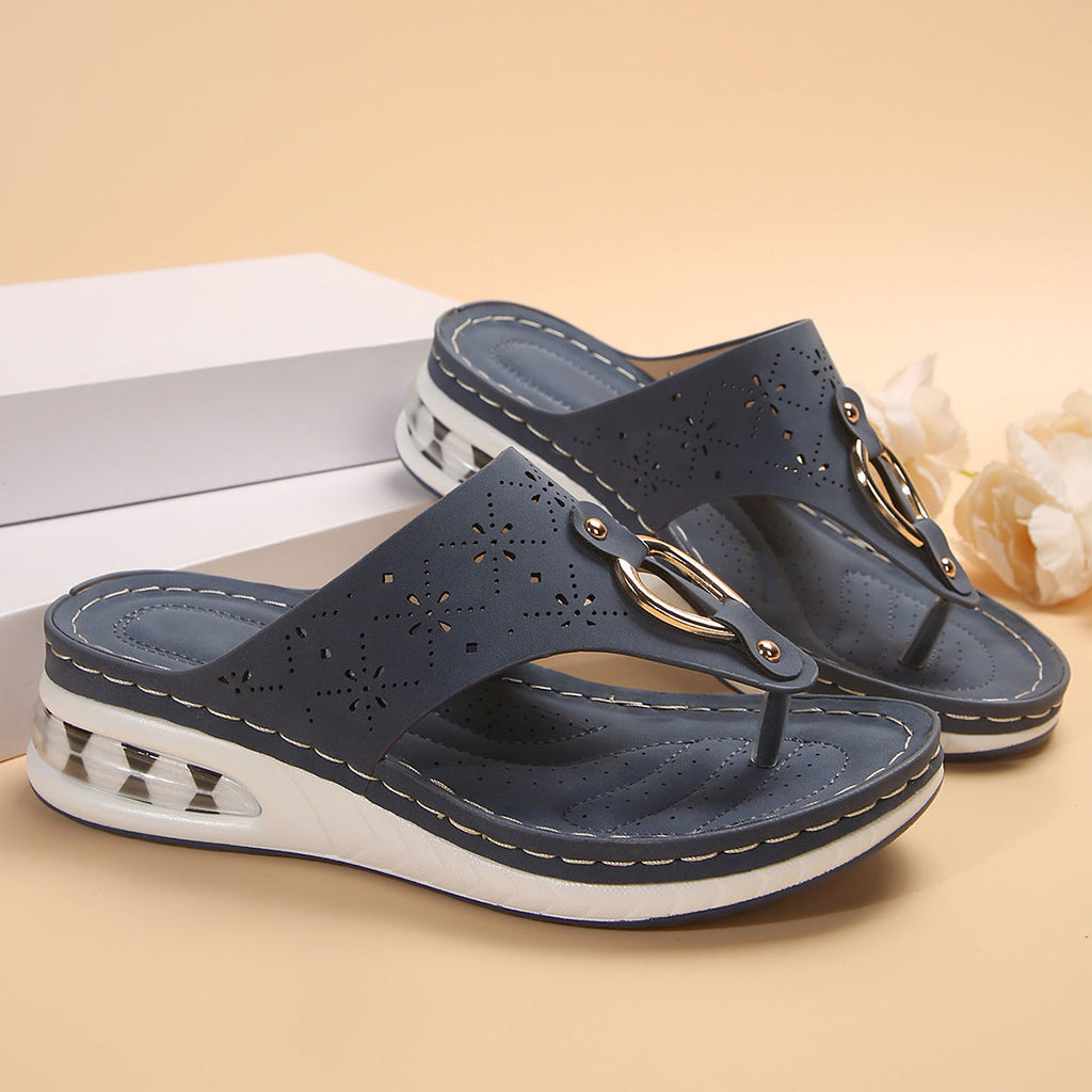 Women's Air Cushion Wedge Thong Sandals | Metal Buckle Flip Flops | Thick Sole Beach Shoes