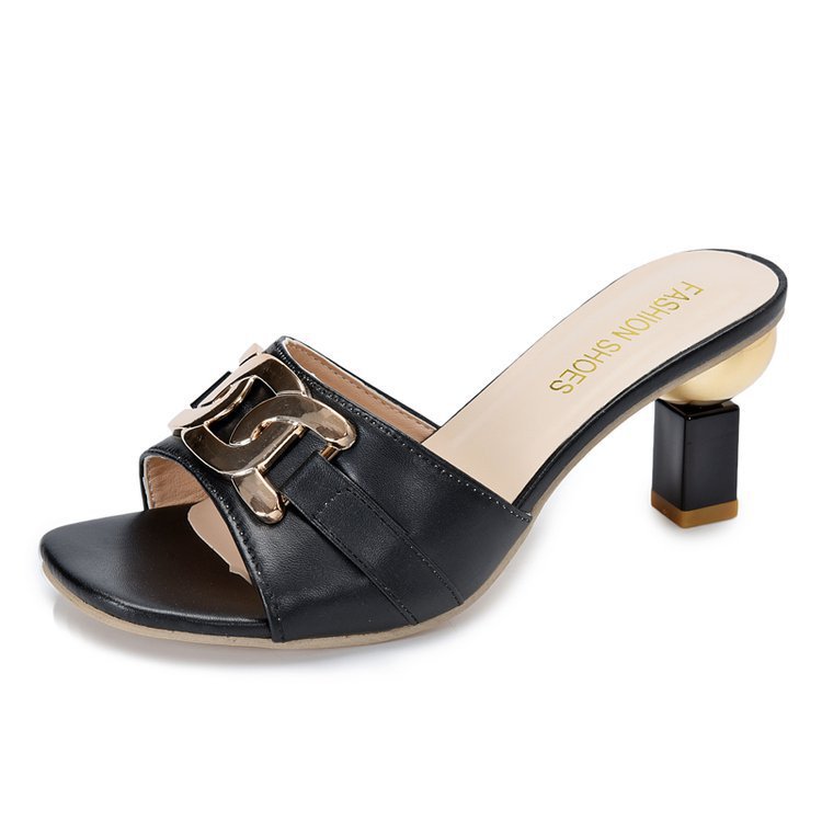 Women's Metal Buckle High Heel Peep Toe Slippers | Block Heel Open Toe Mules in PU Leather