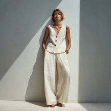 Load image into Gallery viewer, Linen Blend V-Neck Buttoned Vest &amp; High-Waist Wide-Leg Pants Set – 5 Colors S–3XL