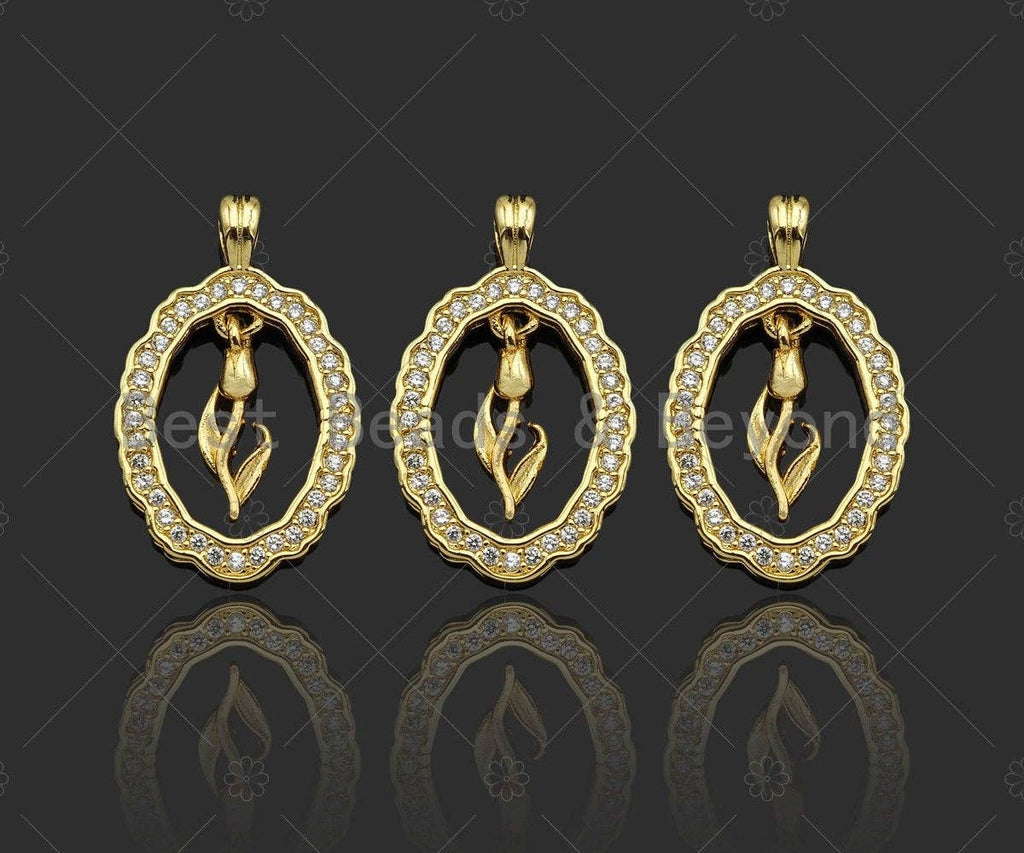 CZ Micro Pave Flower On Oval Shape Pendant/Charm,Cubic Zirconia Dangle Flower Charm, Necklace Bracelet Charm Pendant,15x24mm, Sku#LK270