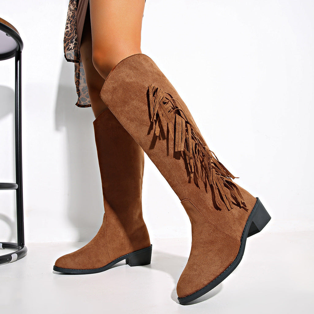 Suede Over-the-Knee Tassel Boots – Women's Brown Chunky Heel Slip-On