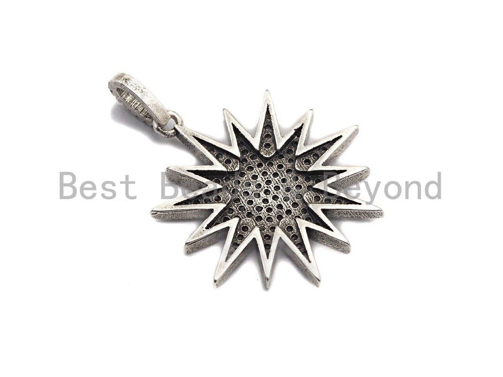 CZ Micro Pave North Star Pendant, Antique Silver Tone,  27x29mm,sku#F997C
