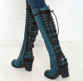 Women's Over-the-Knee Lace-Up Boots with Chunky Heels - High Heel Fashion Boots