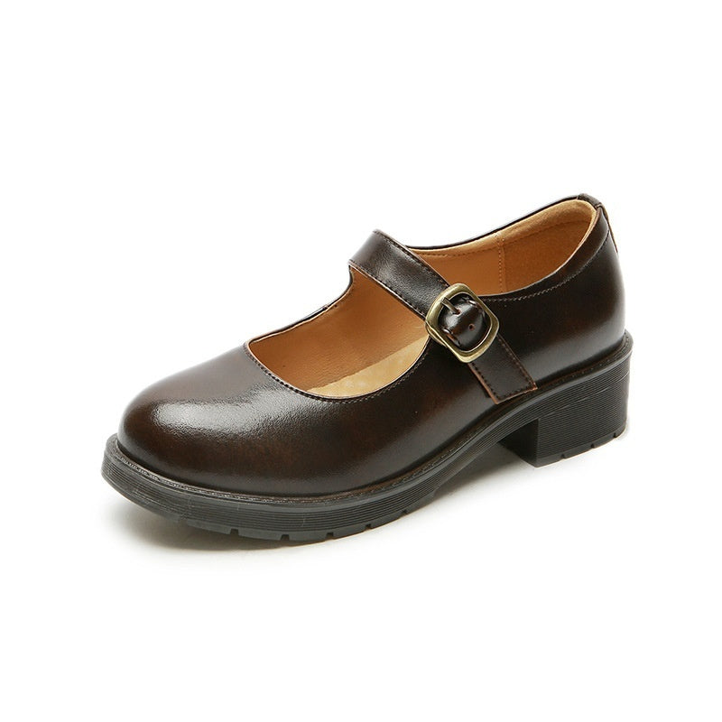 Women's Retro Japanese-Style Buckle Strap Chunky Heel Leather Shoes | Low-Cut Round Toe Pumps