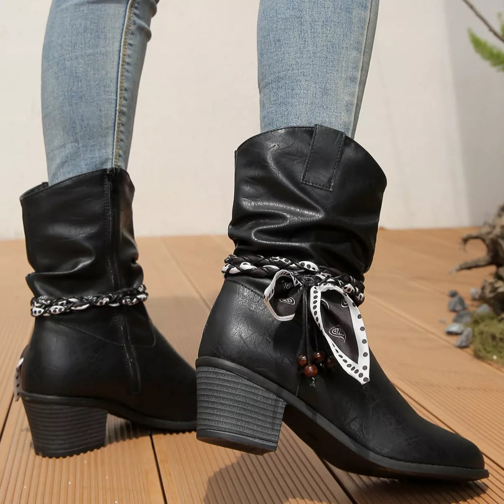 Women's Braided Detail Western Cowgirl Boots | Block Heel Ankle Boots | PU Leather