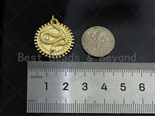Load image into Gallery viewer, CZ Micro Pave Embossment Snake On Round Coin Charm/Pendant,Emblem Shape Charm, Snake Pave Pendant, Gold plated charm, Sku#LK129