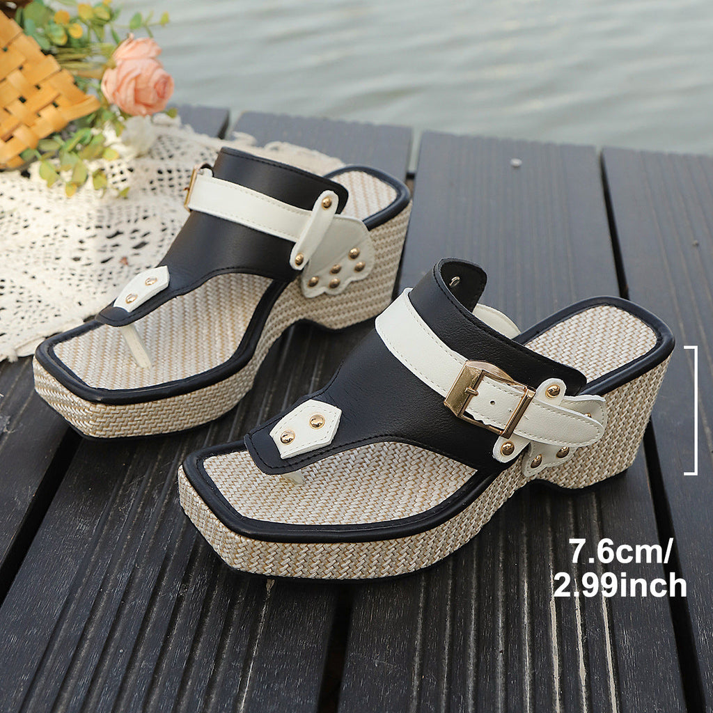 Chunky Heel Metal Buckle Sandals