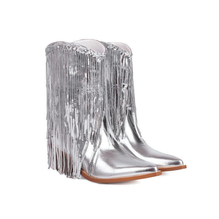 Women's Sequin Tassel Ankle Boots – Pointed Toe Chunky Heel Slip-On Party Boots