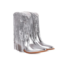 Load image into Gallery viewer, Women's Sequin Tassel Ankle Boots – Pointed Toe Chunky Heel Slip-On Party Boots