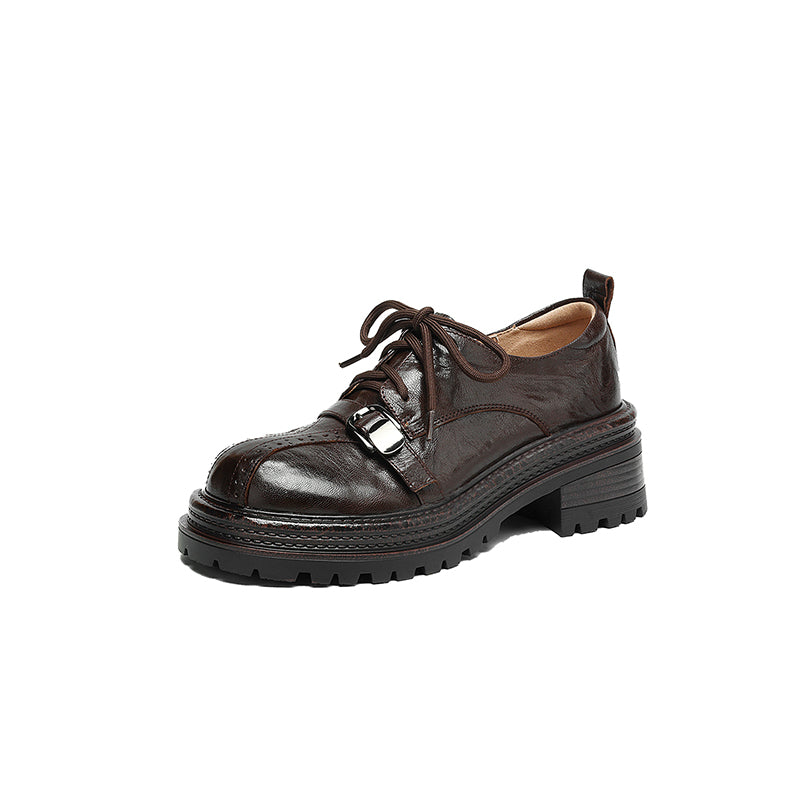 Women's Platform Oxford Shoes | Handmade Full-Grain Sheepskin Chunky Heel Lace-Up Brogues