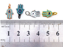 Load image into Gallery viewer, CZ Micro Pave Blue Hamsa Hand Evil Eye Pendant/Charm, Turquoise Cubic Zirconia Pave Bracelet Charms,9x13mm, sku#F339