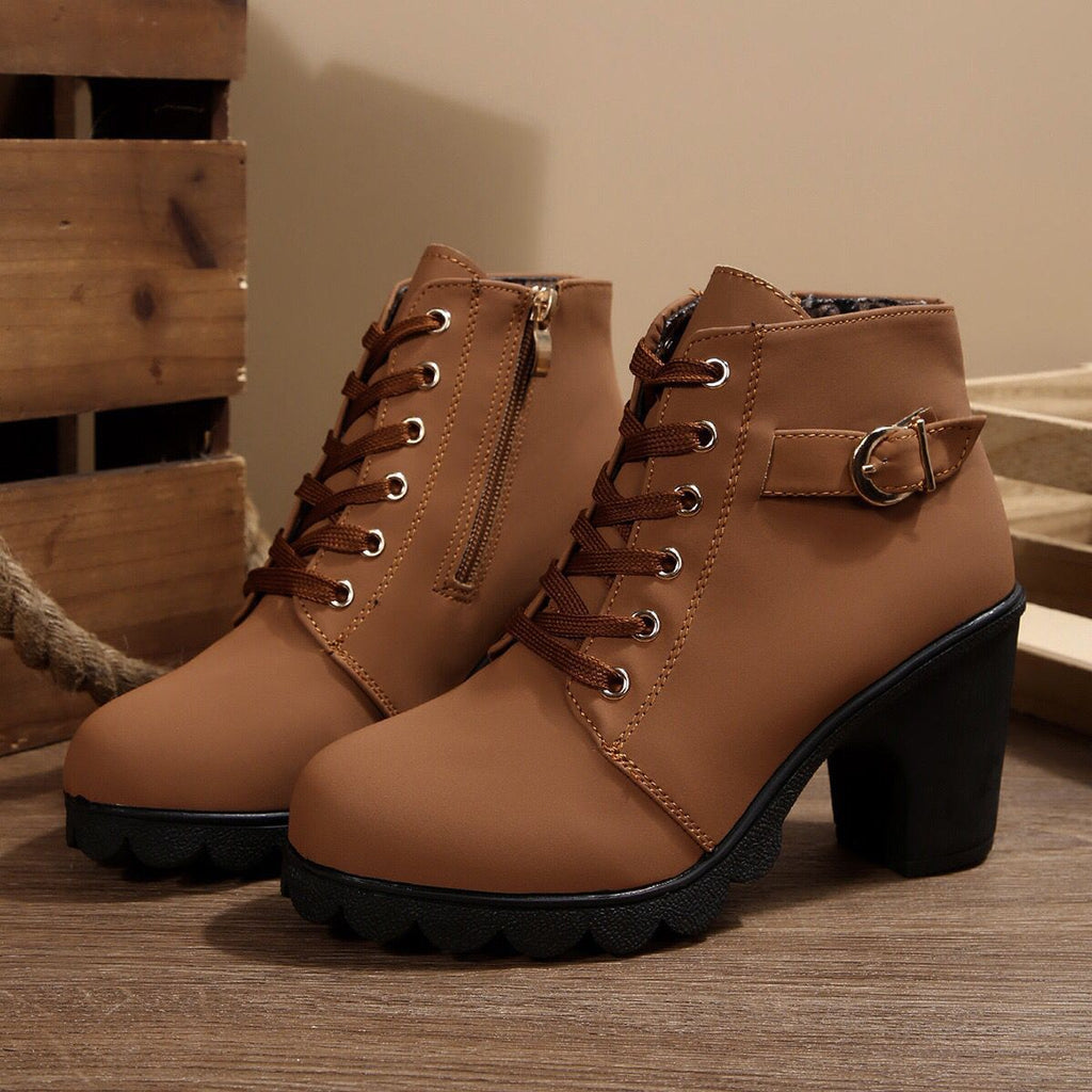 Women's Cross-Tie Chunky-Heel Ankle Boots | Block Heel Lace-Up Booties
