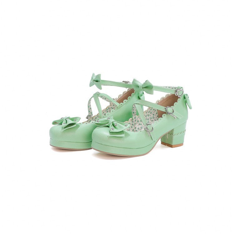 Women's Retro Cute Bow-Clasp Chunky Heel Pumps | Round Toe Block Heels