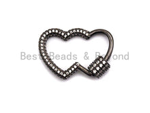 Load image into Gallery viewer, CZ Micro pave Double Heart with Cross Screw Clasp, CZ Pave Screw Lock, Gold/Silver/Rose Gold/Gunmetal Carabiner Clasp, 19x28mm, sku#H145