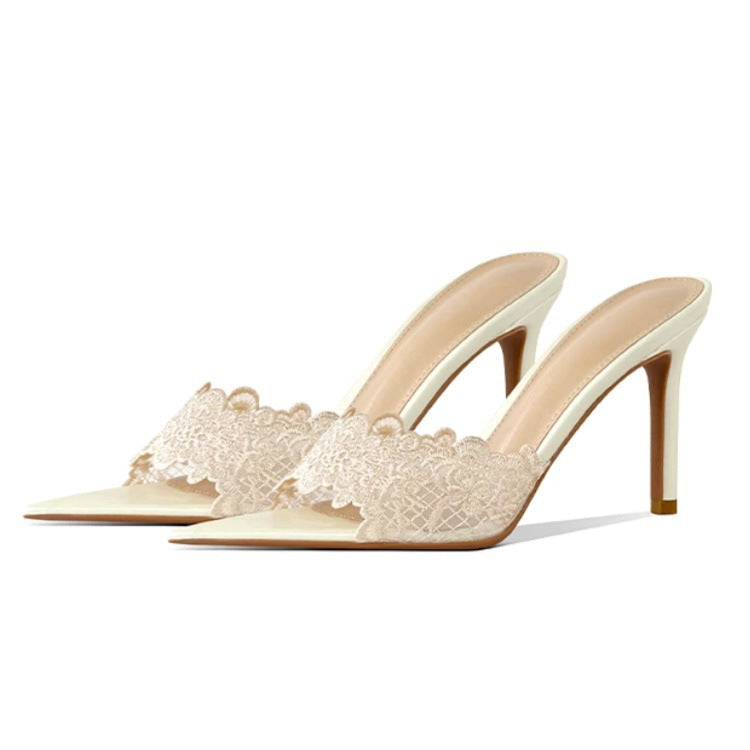 Pointed-Toe Stiletto Heel Lace Mules