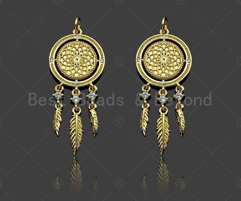 CZ Micro Pave Disc With Feather Shape Pendant Charm,Sku#F1357C