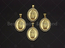 Load image into Gallery viewer, 18K Gold Virgin Mary On Oval Emblem Shape Pendant, Oval Charm, Virgin Mary Pave Pendant, Dainty Gold Charm,21x15mm, Sku#F1154