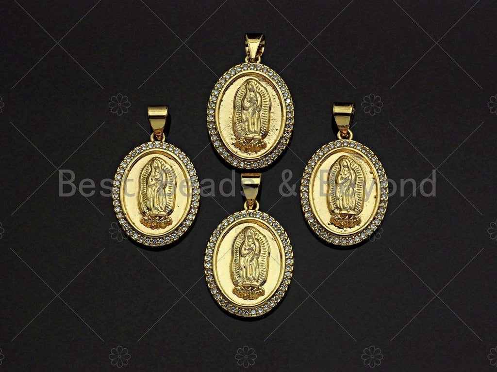 18K Gold Virgin Mary On Oval Emblem Shape Pendant, Oval Charm, Virgin Mary Pave Pendant, Dainty Gold Charm,21x15mm, Sku#F1154