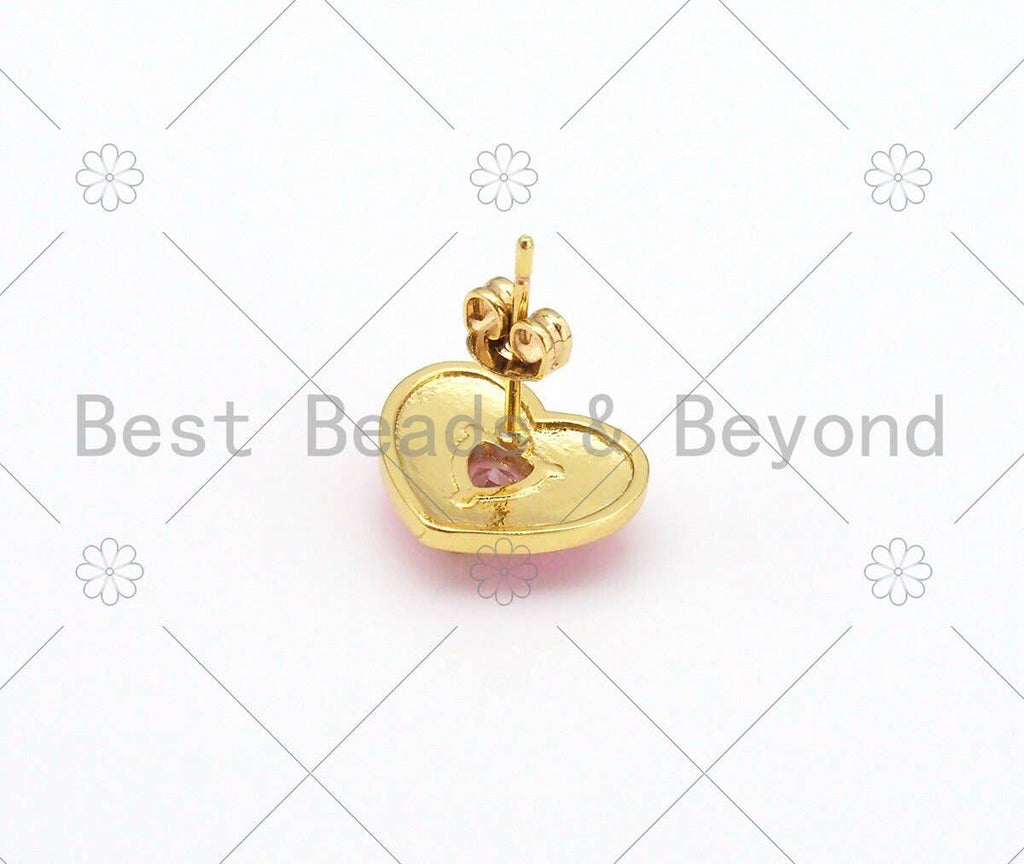 CZ Heart on Enamel Heart Stud Earrings,Sku#O67