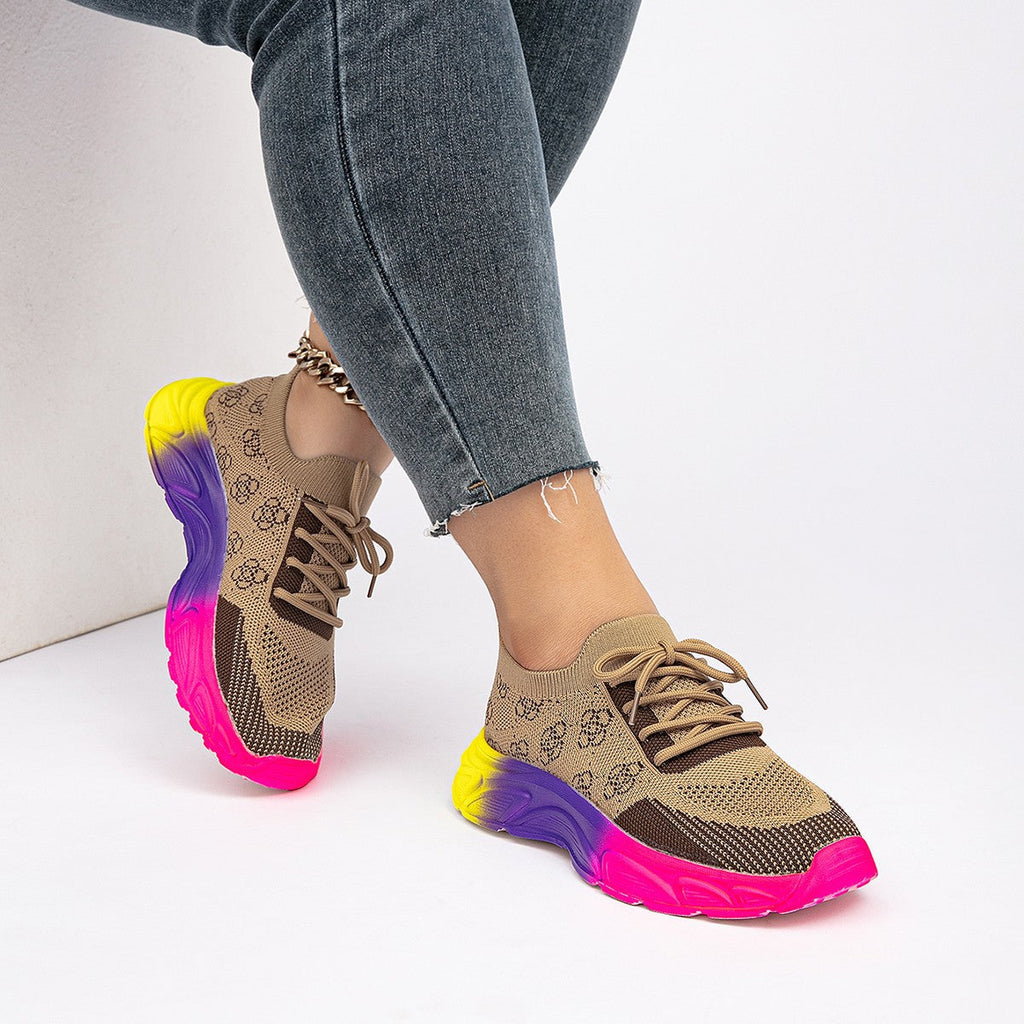 Women's Rainbow Sole Color-Block Woven Athletic Sneakers | Breathable Flat Lace-Up Low-Top