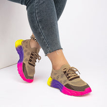 Load image into Gallery viewer, Women's Rainbow Sole Color-Block Woven Athletic Sneakers | Breathable Flat Lace-Up Low-Top