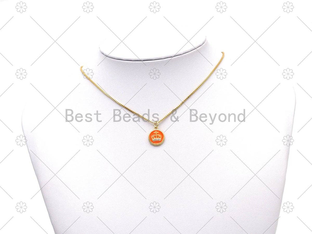 CZ Micro Pave Crown On Colorful Enamel Round Coin Shape Pendant, 18K Gold Filled Crownl Charm, Necklace Bracelet Charm Pendant, Sku#JD20