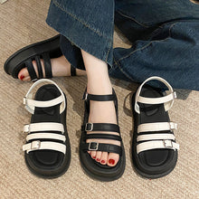 Load image into Gallery viewer, Women's Roman Style Flat Sandals | Buckle Beach Shoes | Black &amp; Off-White