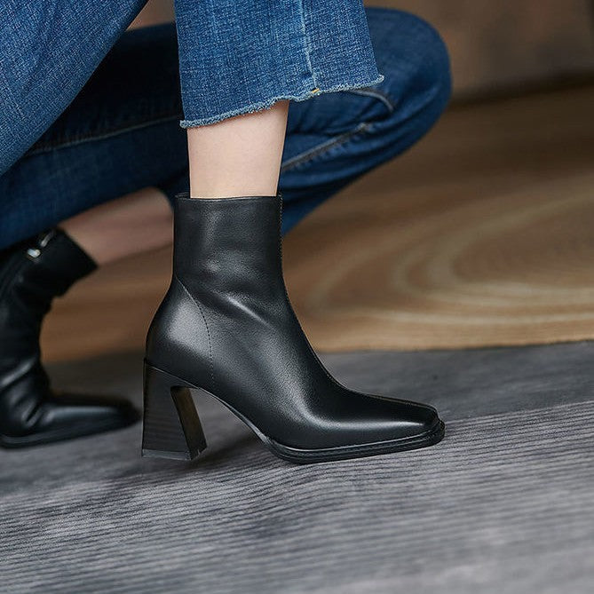 Women's Square Toe Chunky Heel Short Boots | Side Zipper PU Leather Fashion Boots