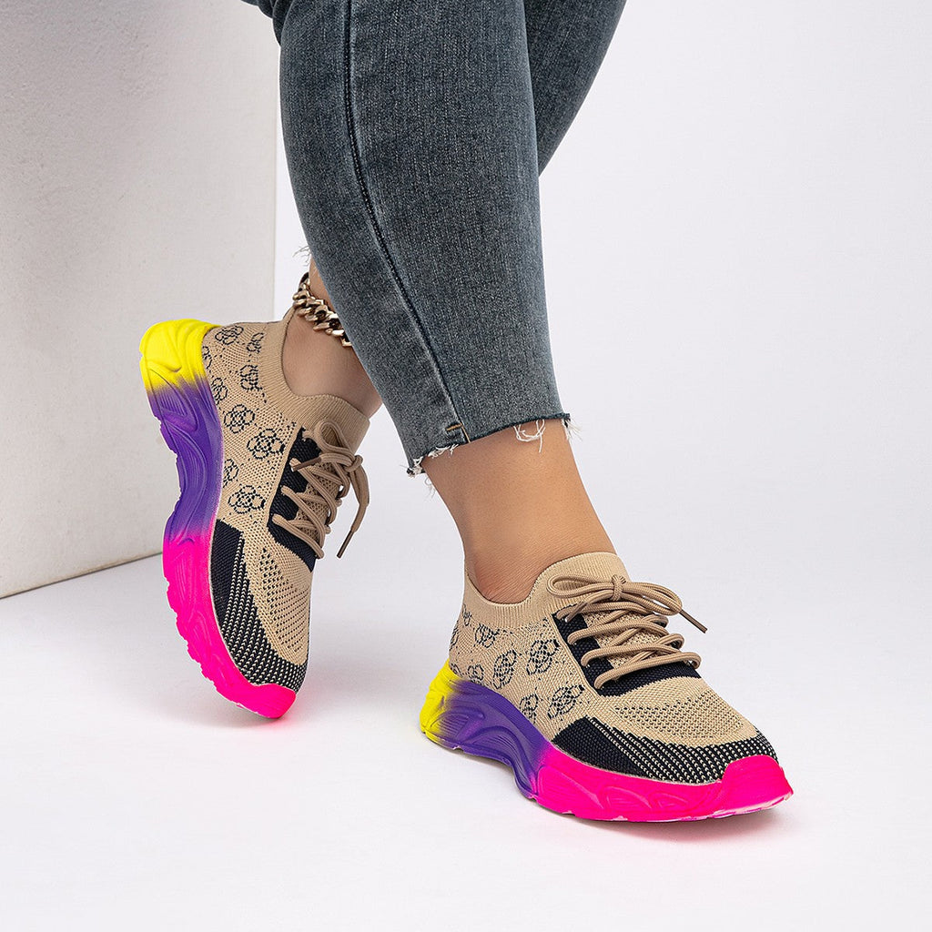 Women's Rainbow Sole Color-Block Woven Athletic Sneakers | Breathable Flat Lace-Up Low-Top