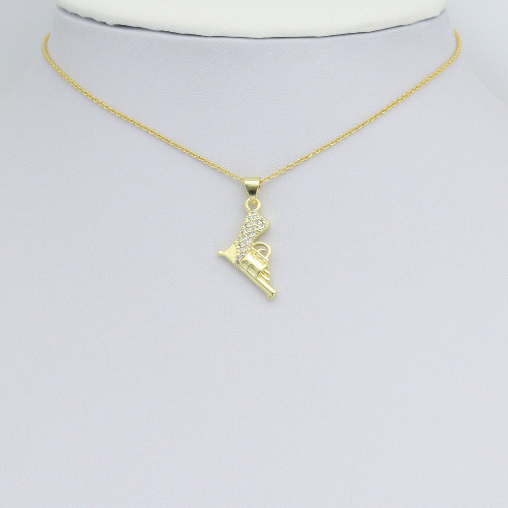 Clear CZ Gold Pistol Gun Charm Pendant, Sku#LK1205
