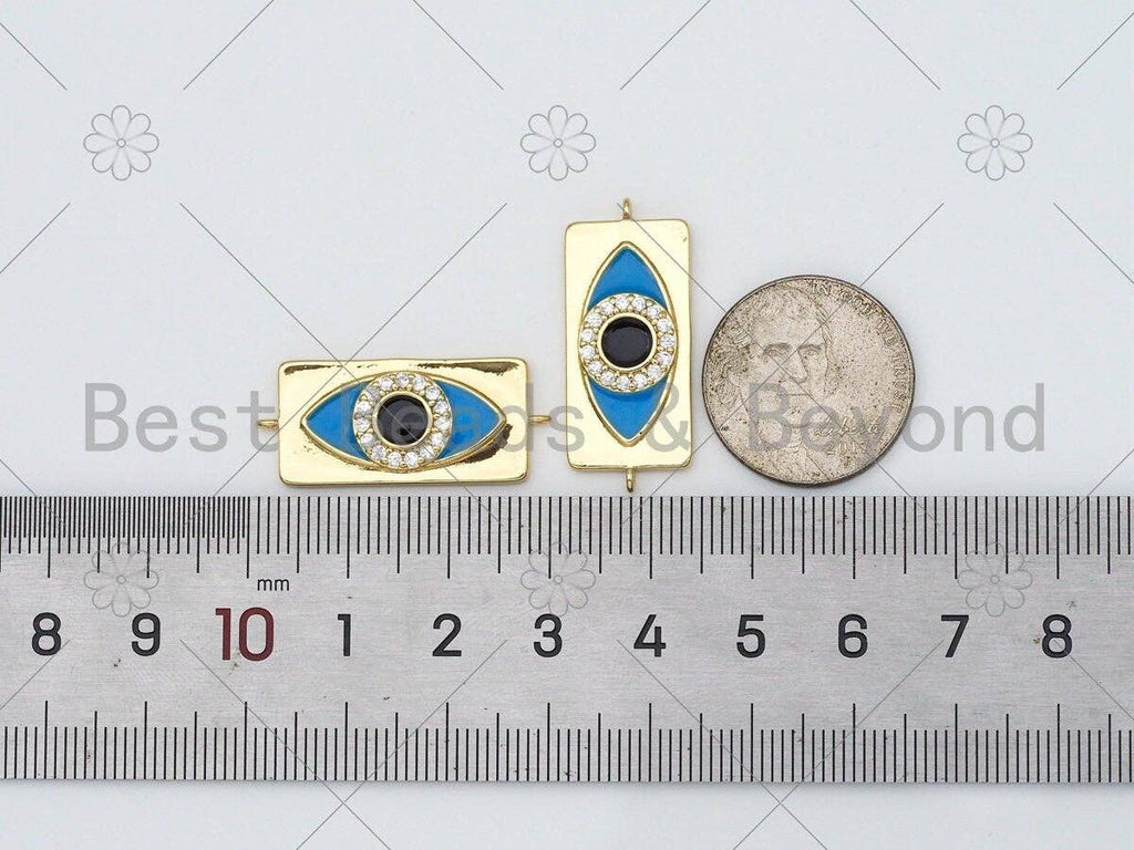 Turquoise Blue Enamel Evil Eye On Rectangle Shape Connector, 18K Gold Filled CZ Micro Pave Enamel Link,Enamel Jewelry,30x13mm,Sku#L596