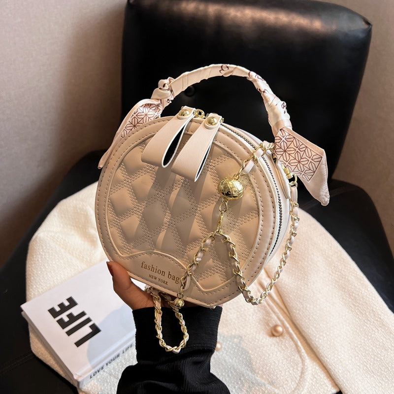 Small Round Embroidered Crossbody Bag for Women – Diamond Pattern PU Leather