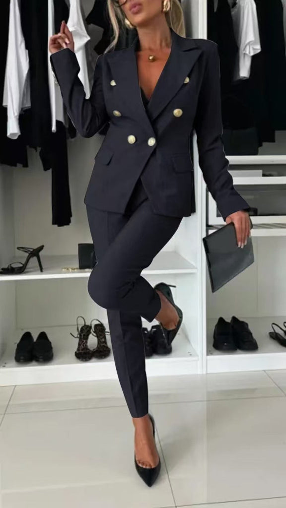 Double-Breasted Lapel Blazer & Zip-Up Trousers Suit
