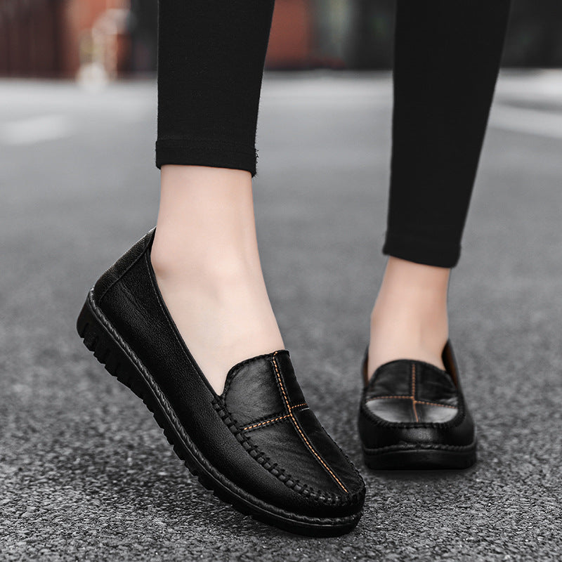 Women's Slip-On Leather Flats - Comfortable Round Toe Wedge Heel Casual Shoes