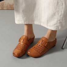 Load image into Gallery viewer, Women's Perforated Cowhide Buckle Mules | Round Toe Flat Backless Slides
