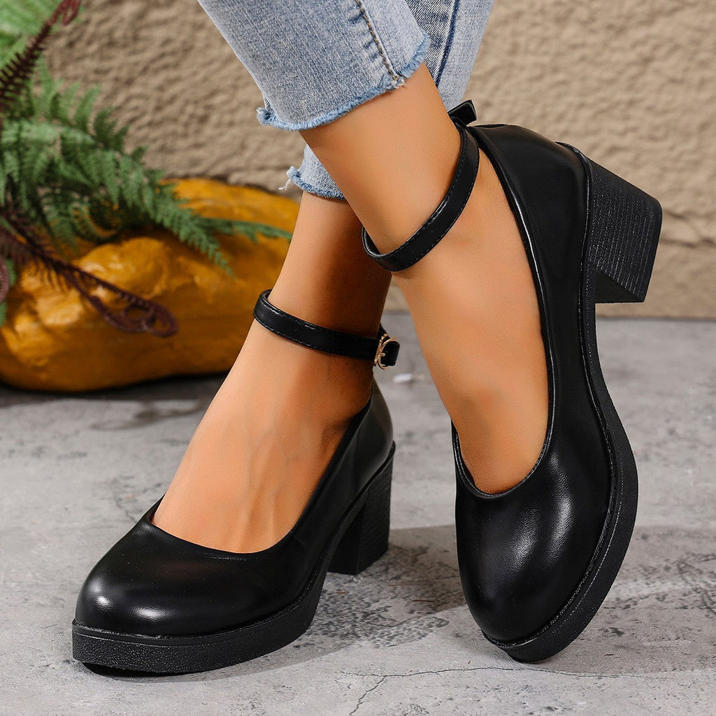 Women's Round Toe Chunky Heel Mary Jane Shoes – Buckle Detail, PU Leather, EU 36–42