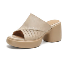 Load image into Gallery viewer, Women's Ruched Block Heel Slides | Open-Toe Lambskin Leather Mules