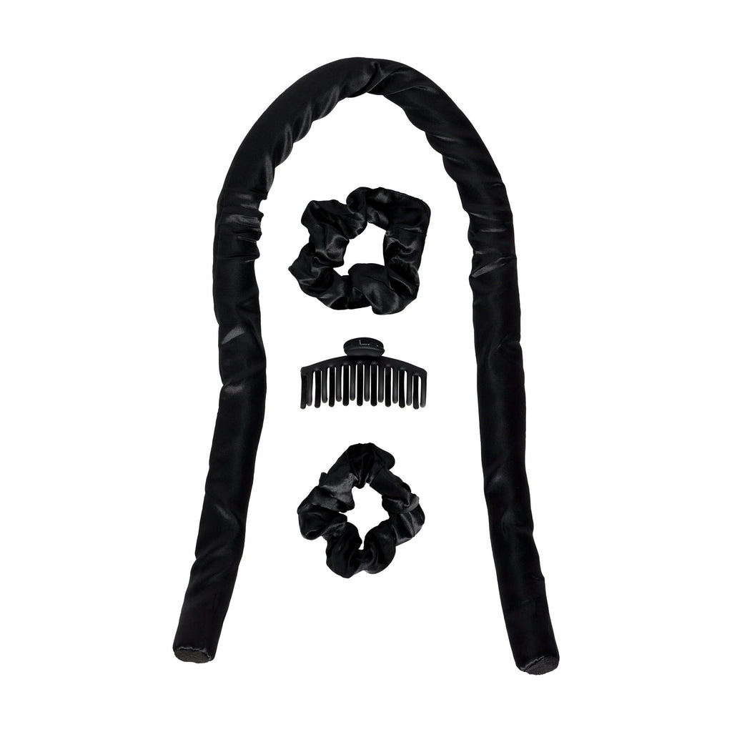 Goody Black Overnight Heatless Hair Curler Set with Claw Clip and Satin Scrunchies, No Heat, 4 Ct