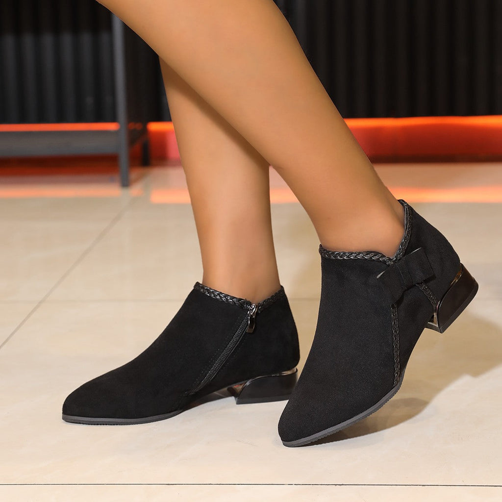 Women's Bow-Tie Pointed-Toe Chunky Heel Ankle Boots - Side Zipper Suede Boots