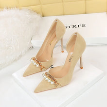 Load image into Gallery viewer, Women's Pearl-Embellished Metallic Chain Pointed-Toe Pumps - Elegant Side-Cutout Heels